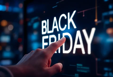 Mão apontando para a expressão Black Friday em uma tela digital com fundo escuro