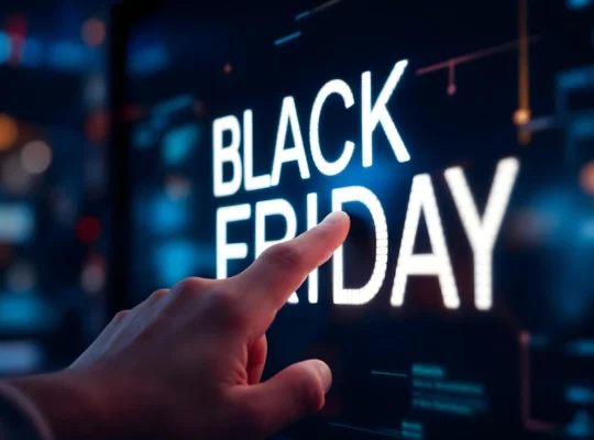 Mão apontando para a expressão Black Friday em uma tela digital com fundo escuro