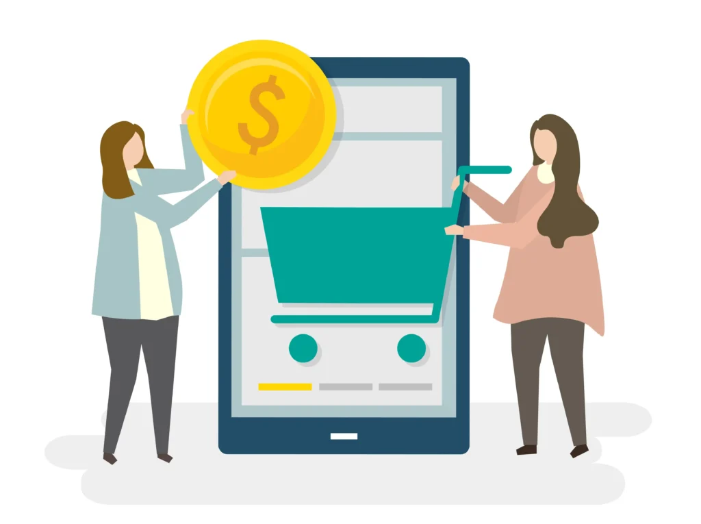Ilustração de duas mulheres ao lado de um celular com carrinho de compras online, moeda dourada e símbolos que representam custos de transações