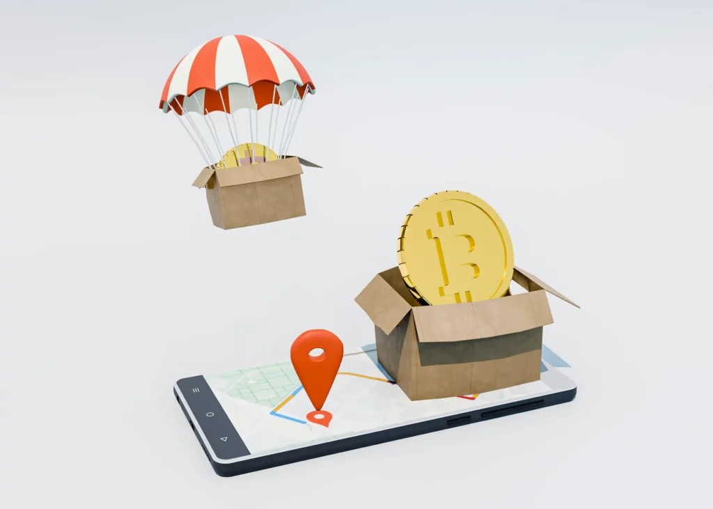 Ilustração de caixas de papelão com moedas de Bitcoin sobre um celular com mapa, marcador de localização e paraquedas transportando outra caixa