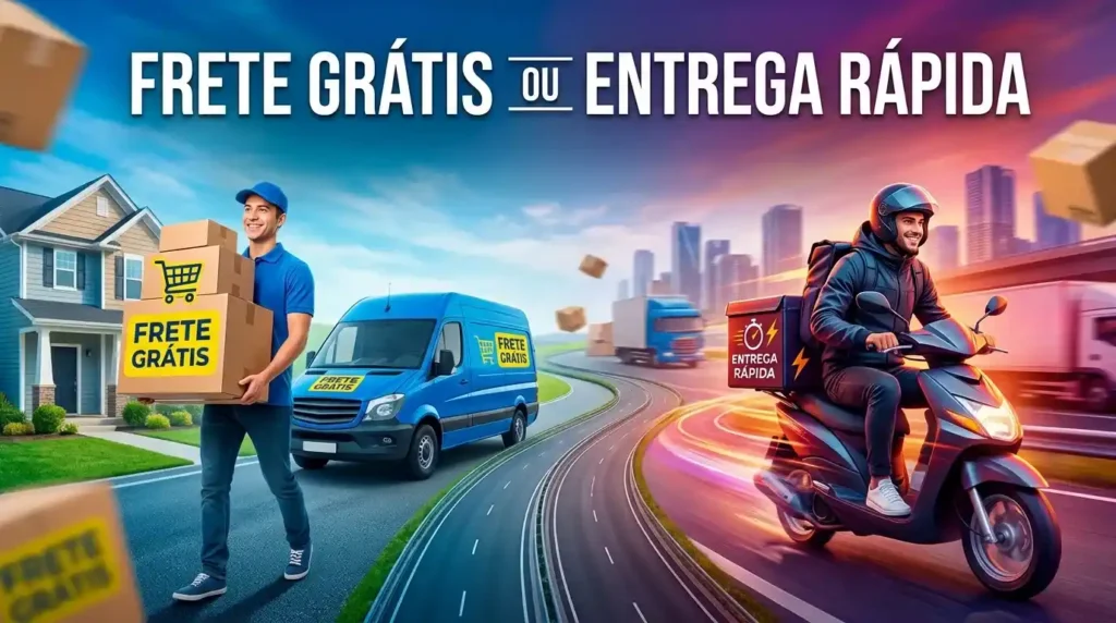 Ilustração comparando frete grátis e entrega rápida, com entregador carregando caixas ao lado de uma van azul e motociclista realizando entregas em uma estrada