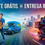 Ilustração comparando frete grátis e entrega rápida, com entregador carregando caixas ao lado de uma van azul e motociclista realizando entregas em uma estrada