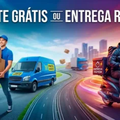 Ilustração comparando frete grátis e entrega rápida, com entregador carregando caixas ao lado de uma van azul e motociclista realizando entregas em uma estrada
