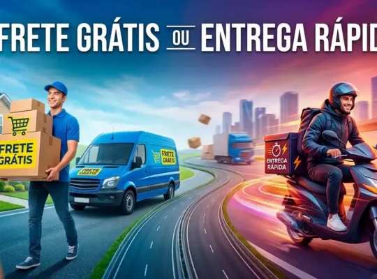 Ilustração comparando frete grátis e entrega rápida, com entregador carregando caixas ao lado de uma van azul e motociclista realizando entregas em uma estrada