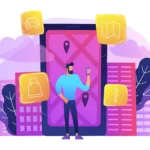 Ilustração de homem utilizando smartphone diante de um mapa digital, cercado por ícones de localização, compras, transporte e pesquisa de informações