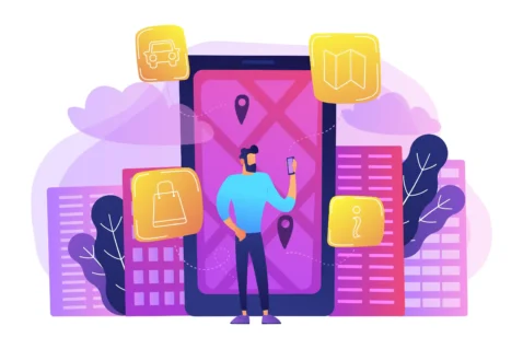 Ilustração de homem utilizando smartphone diante de um mapa digital, cercado por ícones de localização, compras, transporte e pesquisa de informações