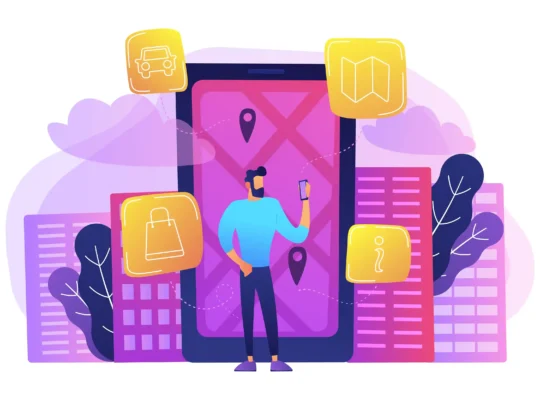 Ilustração de homem utilizando smartphone diante de um mapa digital, cercado por ícones de localização, compras, transporte e pesquisa de informações