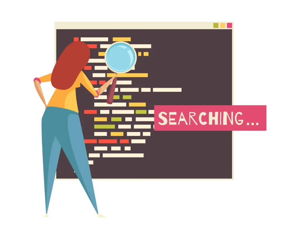 Ilustração de mulher utilizando uma lupa para pesquisar informações em uma tela digital, com linhas coloridas e a palavra “Searching” em destaque