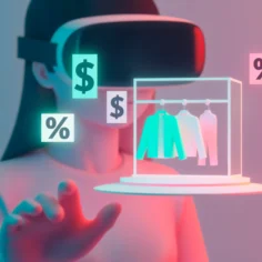 Pessoa com óculos de realidade virtual analisa roupas, preços e descontos em ambiente digital