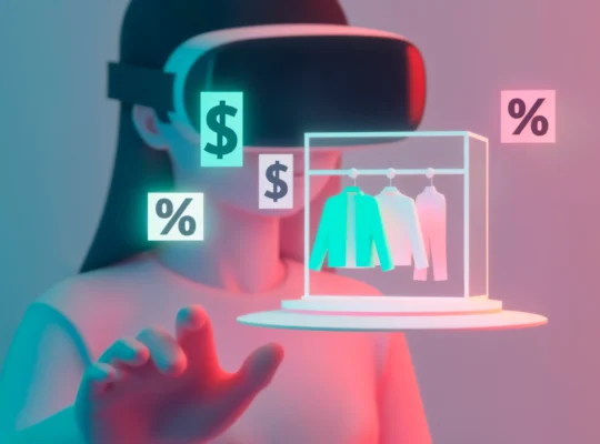 Pessoa com óculos de realidade virtual analisa roupas, preços e descontos em ambiente digital
