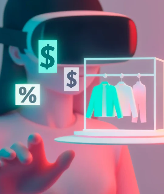 Pessoa com óculos de realidade virtual analisa roupas, preços e descontos em ambiente digital