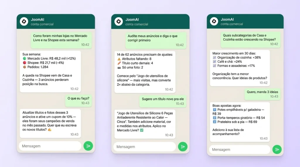 Três conversas com o JoomAI no WhatsApp sobre vendas, anúncios e tendências de mercado