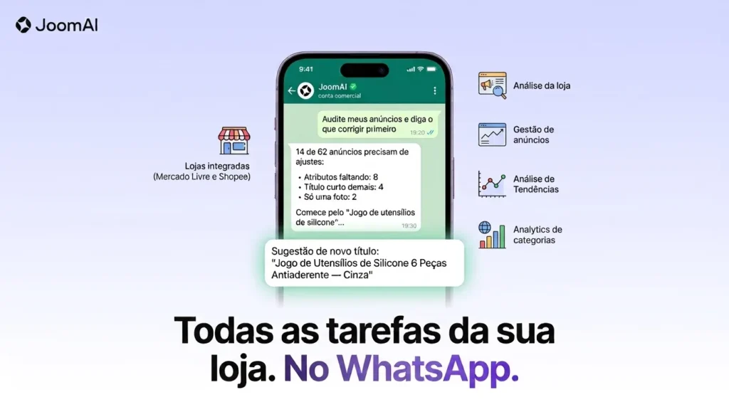Celular com conversa do JoomAI no WhatsApp e recursos de análise de lojas, anúncios e categorias