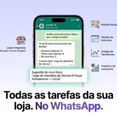 Celular com conversa do JoomAI no WhatsApp e recursos de análise de lojas, anúncios e categorias