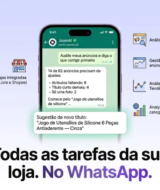 Celular com conversa do JoomAI no WhatsApp e recursos de análise de lojas, anúncios e categorias