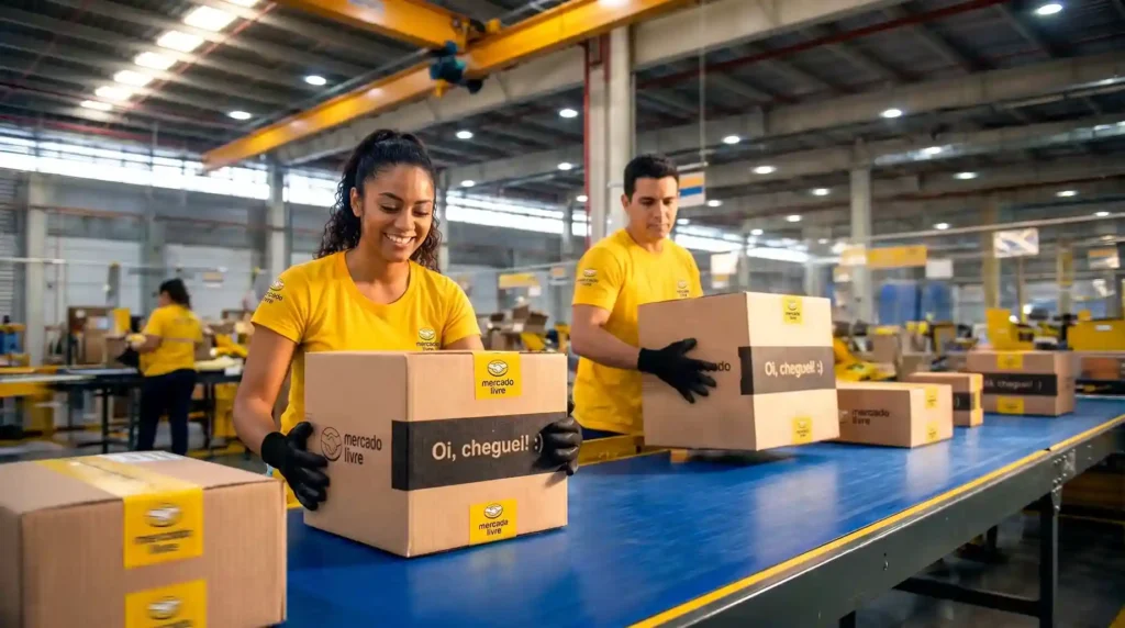 Funcionários do Mercado Livre com uniformes amarelos movimentando caixas de encomendas sobre uma esteira azul em um centro logístico