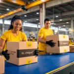 Funcionários do Mercado Livre com uniformes amarelos movimentando caixas de encomendas sobre uma esteira azul em um centro logístico