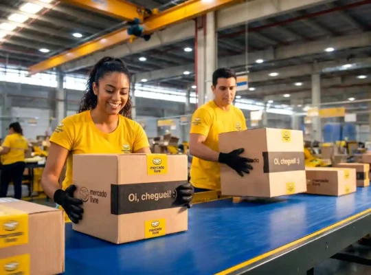 Funcionários do Mercado Livre com uniformes amarelos movimentando caixas de encomendas sobre uma esteira azul em um centro logístico