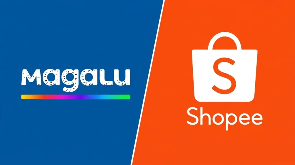 Logos do Magalu e da Shopee lado a lado, sobre fundos azul e laranja