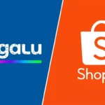 Logos do Magalu e da Shopee lado a lado, sobre fundos azul e laranja