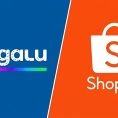 Logos do Magalu e da Shopee lado a lado, sobre fundos azul e laranja