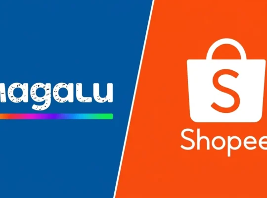 Logos do Magalu e da Shopee lado a lado, sobre fundos azul e laranja