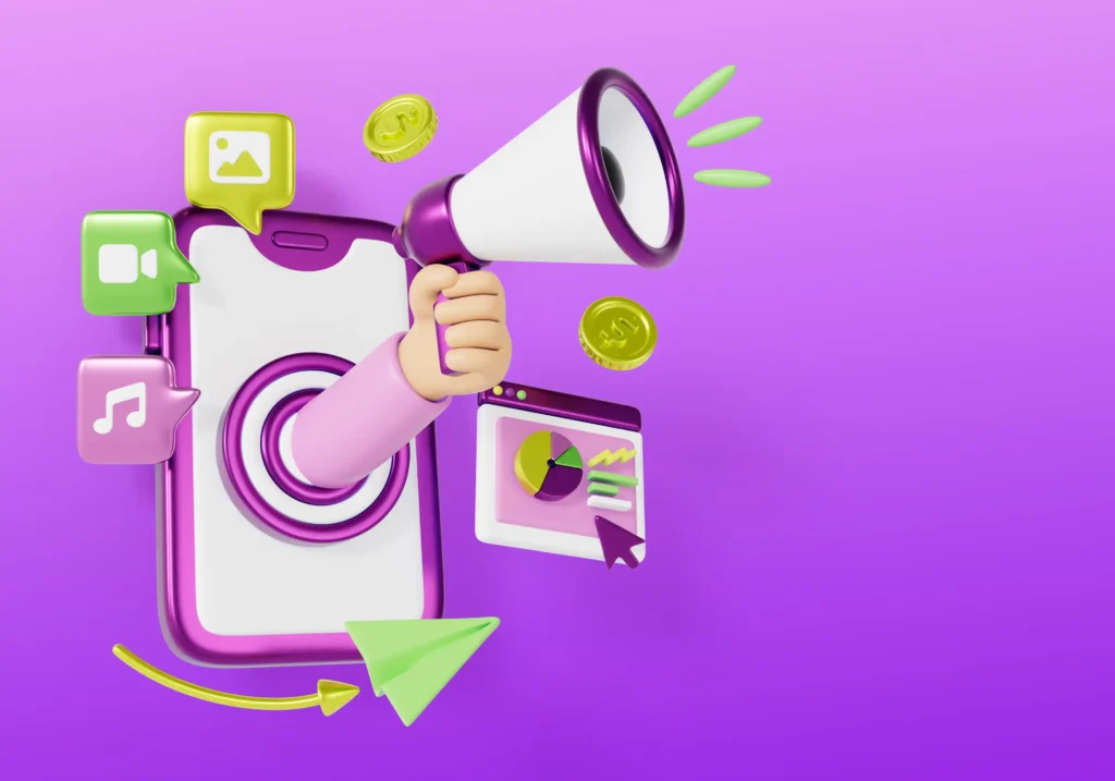 Ilustração de um celular com megafone, moedas, gráficos e ícones de mídia digital sobre fundo roxo