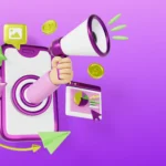 Ilustração de um celular com megafone, moedas, gráficos e ícones de mídia digital sobre fundo roxo