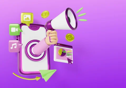 Ilustração de um celular com megafone, moedas, gráficos e ícones de mídia digital sobre fundo roxo