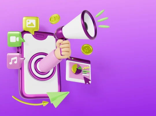 Ilustração de um celular com megafone, moedas, gráficos e ícones de mídia digital sobre fundo roxo