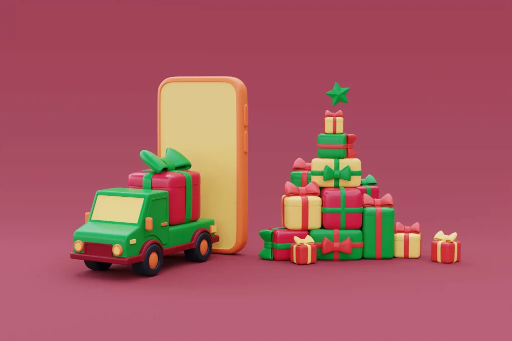 Ilustração de caminhão verde com presente, celular e pilha de caixas de Natal coloridas
