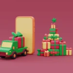 Ilustração de caminhão verde com presente, celular e pilha de caixas de Natal coloridas