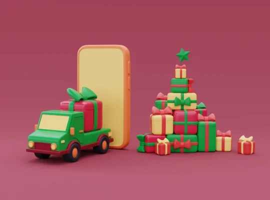 Ilustração de caminhão verde com presente, celular e pilha de caixas de Natal coloridas