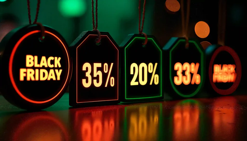 Etiquetas pretas de promoções Black Friday com descontos de 35%, 20% e 33%, iluminadas em tons de vermelho, laranja e verde