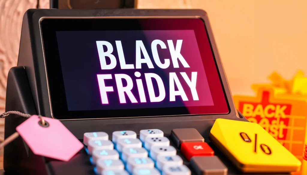 Máquina registradora com a mensagem Black Friday na tela, acompanhada de etiquetas promocionais rosa e amarela com símbolo de porcentagem