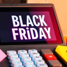 Máquina registradora com a mensagem Black Friday na tela, acompanhada de etiquetas promocionais rosa e amarela com símbolo de porcentagem