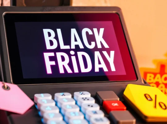 Máquina registradora com a mensagem Black Friday na tela, acompanhada de etiquetas promocionais rosa e amarela com símbolo de porcentagem