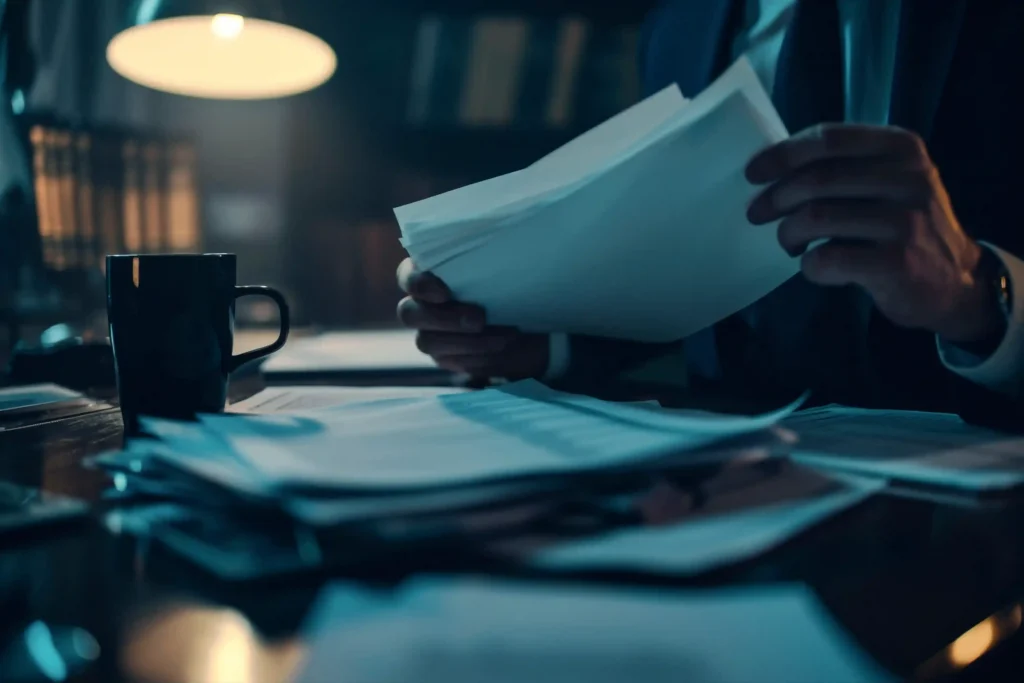 Profissional de terno analisando documentos e relatórios impressos sobre uma mesa de escritório, com uma xícara de café ao lado