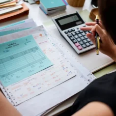 Pessoa conferindo documentos financeiros e comprovantes de pagamento enquanto utiliza uma calculadora e uma caneta sobre a mesa