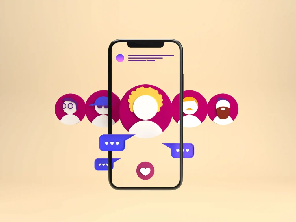 Ilustração de um celular com perfis de usuários de redes sociais ao redor, balões de interação com corações e símbolo de curtida na tela