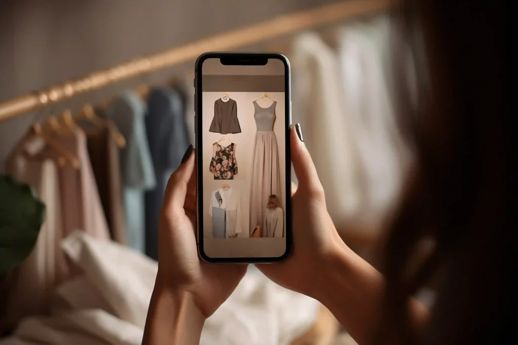 Mulher segurando um smartphone que exibe imagens de roupas femininas, incluindo vestidos e blusas, diante de um guarda-roupa com peças penduradas