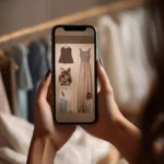 Mulher segurando um smartphone que exibe imagens de roupas femininas, incluindo vestidos e blusas, diante de um guarda-roupa com peças penduradas