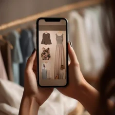 Mulher segurando um smartphone que exibe imagens de roupas femininas, incluindo vestidos e blusas, diante de um guarda-roupa com peças penduradas