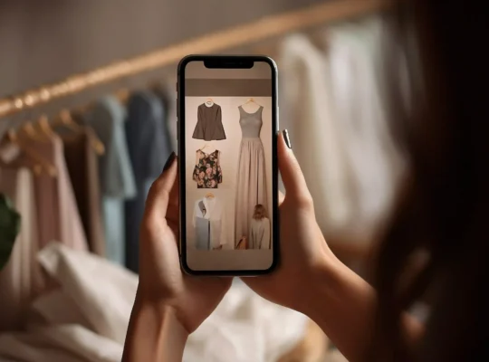 Mulher segurando um smartphone que exibe imagens de roupas femininas, incluindo vestidos e blusas, diante de um guarda-roupa com peças penduradas